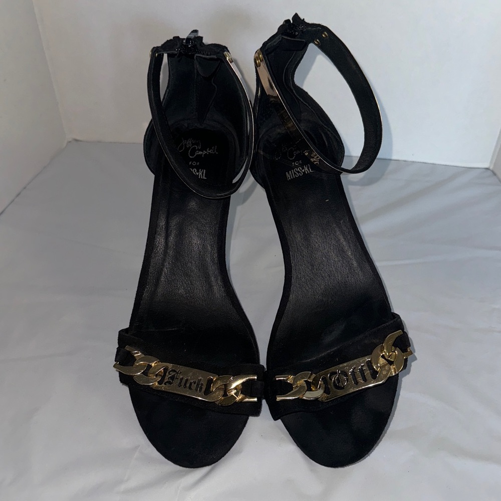 Jeffrey Campbell Malice Shoe "F-u-c-k  Off" Black Suede Gold Chain Heel Size 8.5 - Picture 2 of 14
